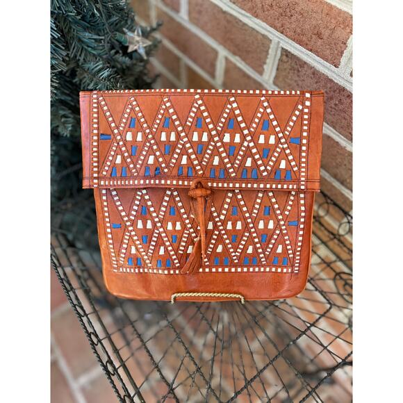 Tuareg Camel Skin Leather Handbag Handcrafted Morocco Boho Fringe Tassel - Picture 4 of 11